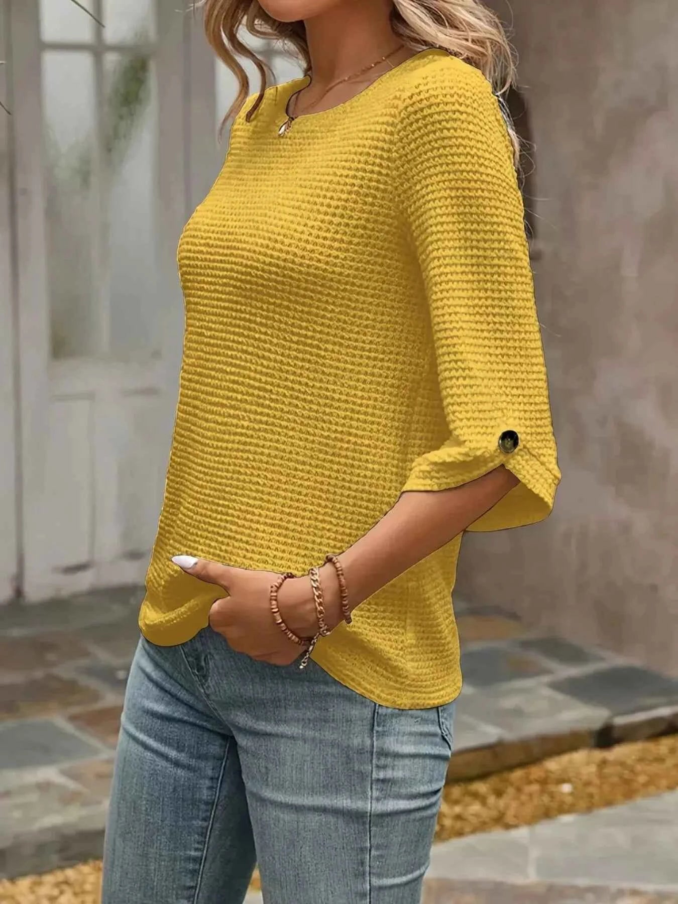 Waffle Knit Round Neck Top for Effortless Comfort - Nico`s Store