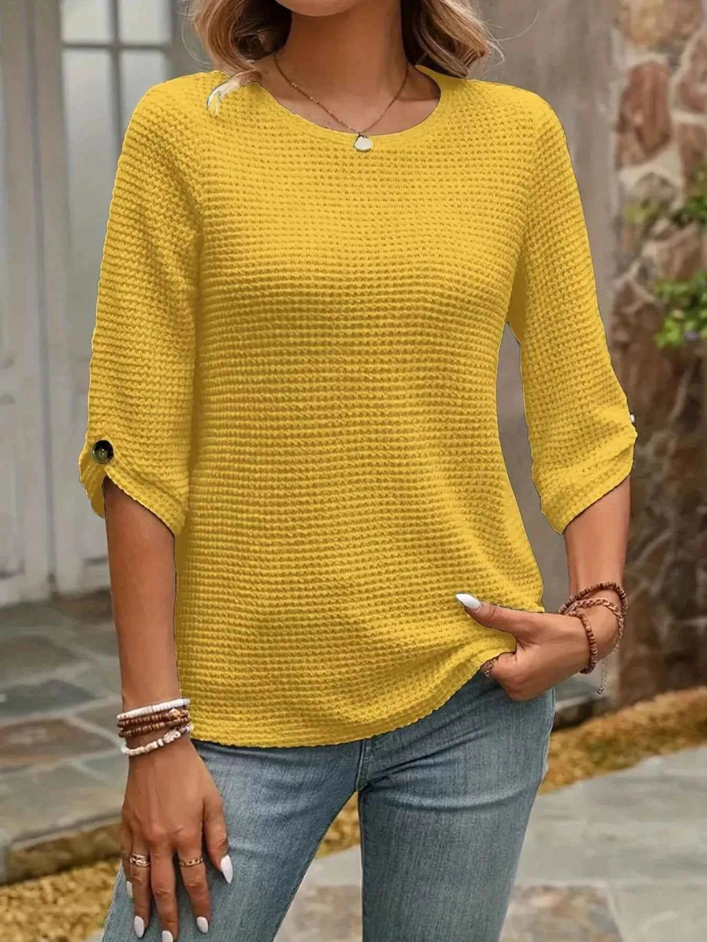 Waffle Knit Round Neck Top for Effortless Comfort - Nico`s Store