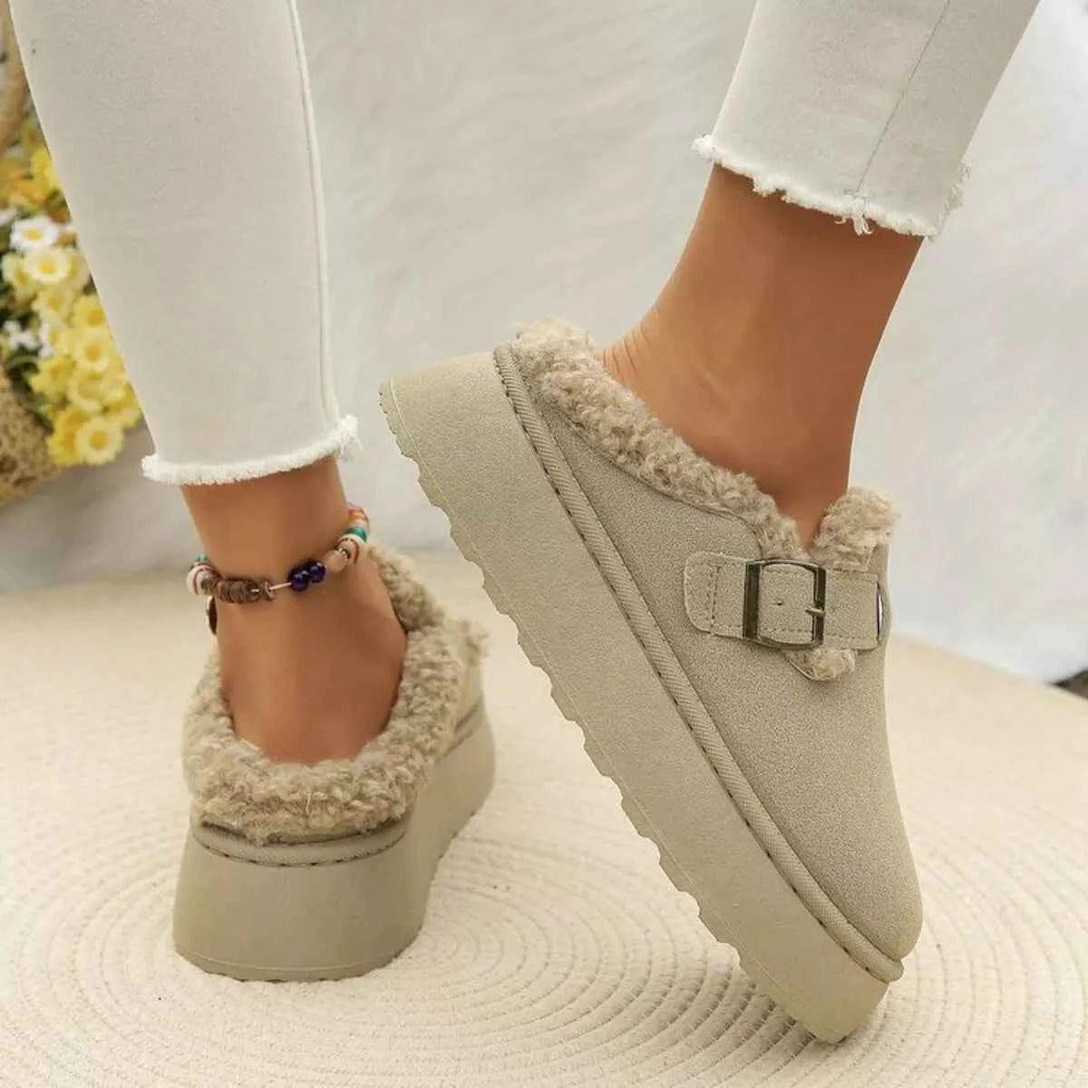 Round Toe Platform Slip-Ons with Fleece Lining