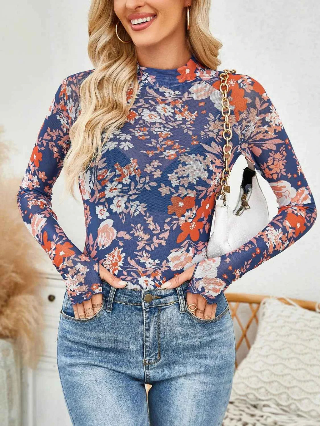 Floral Mock Neck Top - Long Sleeve Style - Nico`s Store