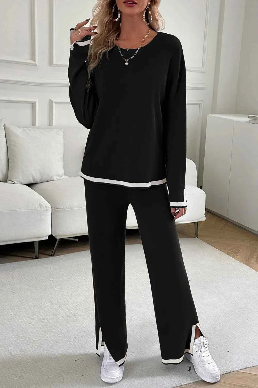 Devine Contrast Trim Set -Round Neck Top and Pants Set - Nico`s Store