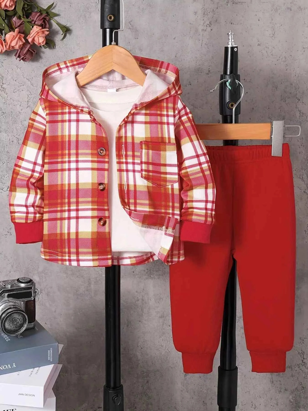 Children's Plaid Hooded Set - Button Up Top & Pants for Kids - Nico`s Store