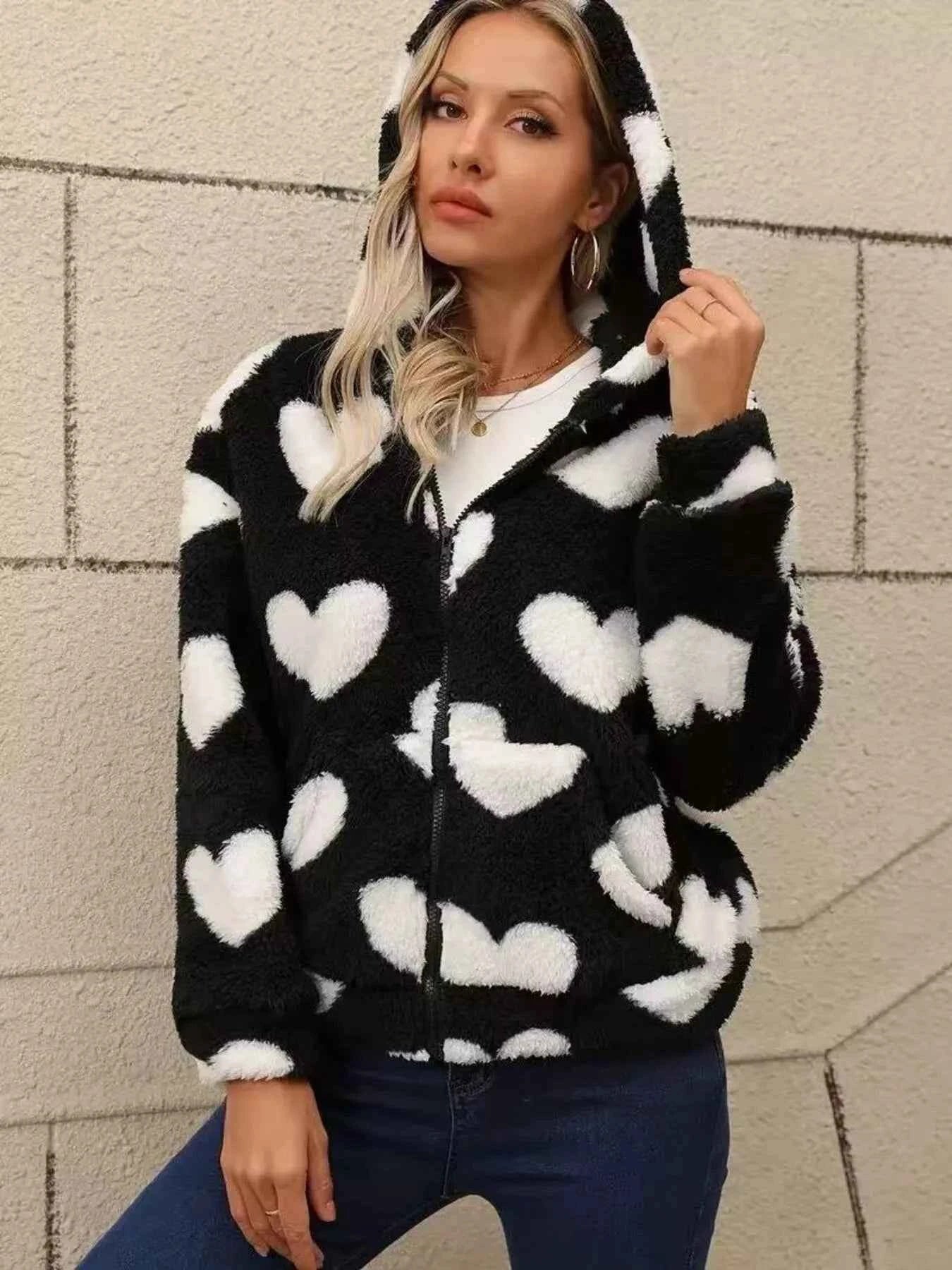 Heart Fuzzy Fleece Jacket Zip-Up Outerwear - Nico`s Store