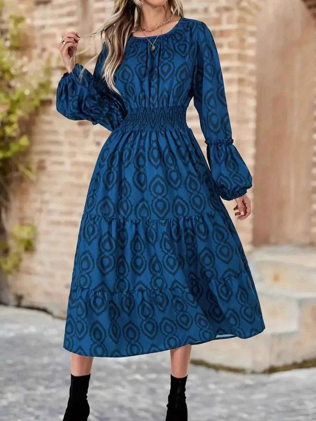 Smocked Balloon Sleeve Midi Dress with Round Neck Design