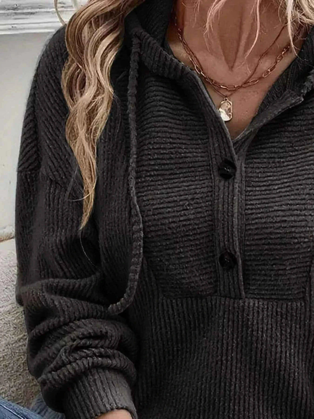 Button-Front Drawstring Hoodie