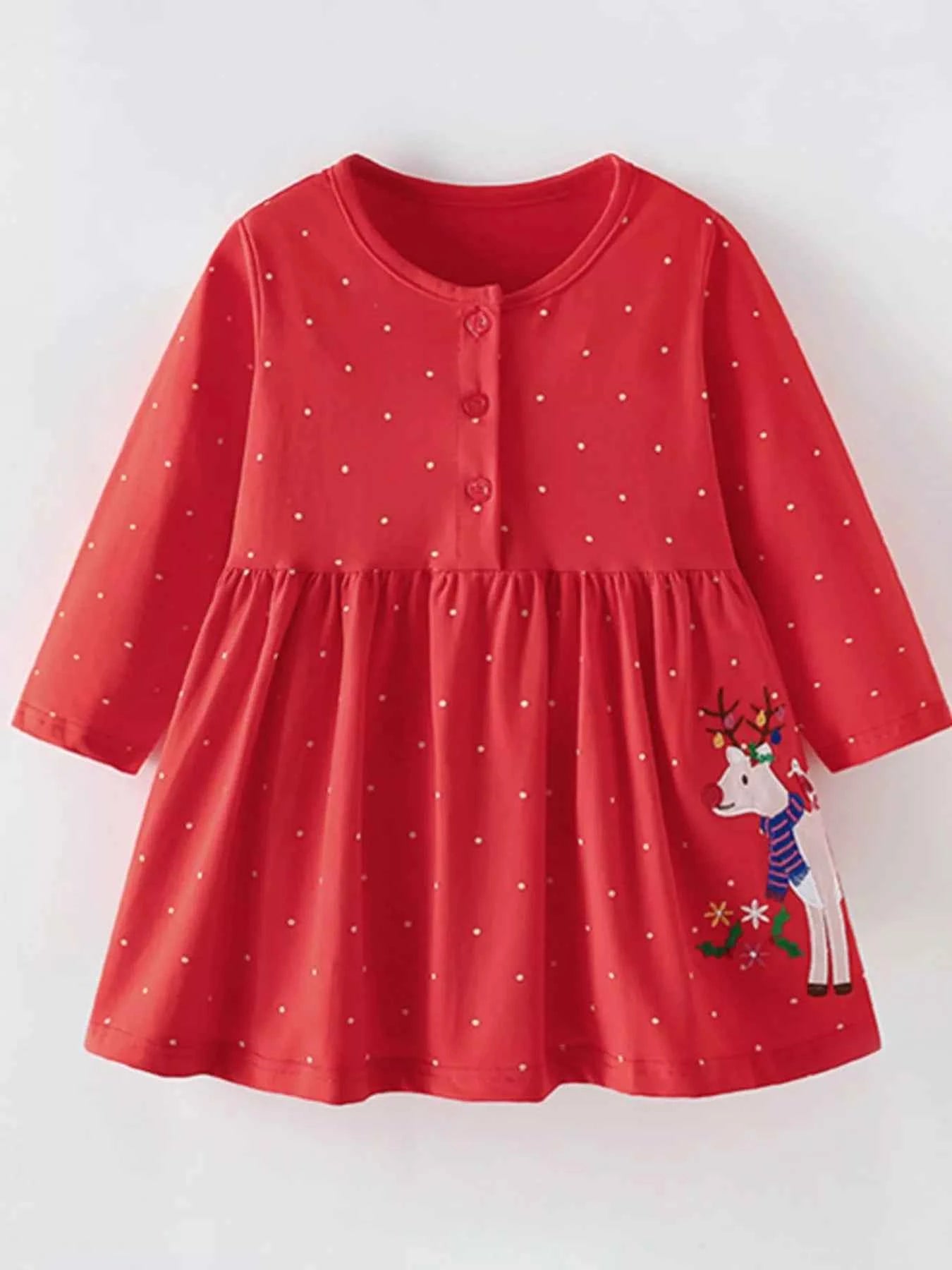 Children's Reindeer Polka Dot Dress for Kids with Button Detail - Nico`s Store