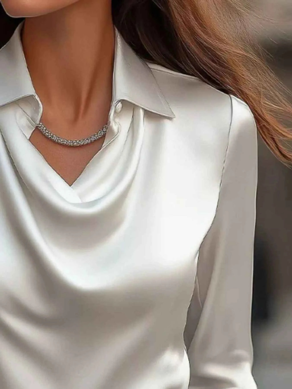 Ruched Long Sleeve Blouse with Drape Collar - Nico`s Store
