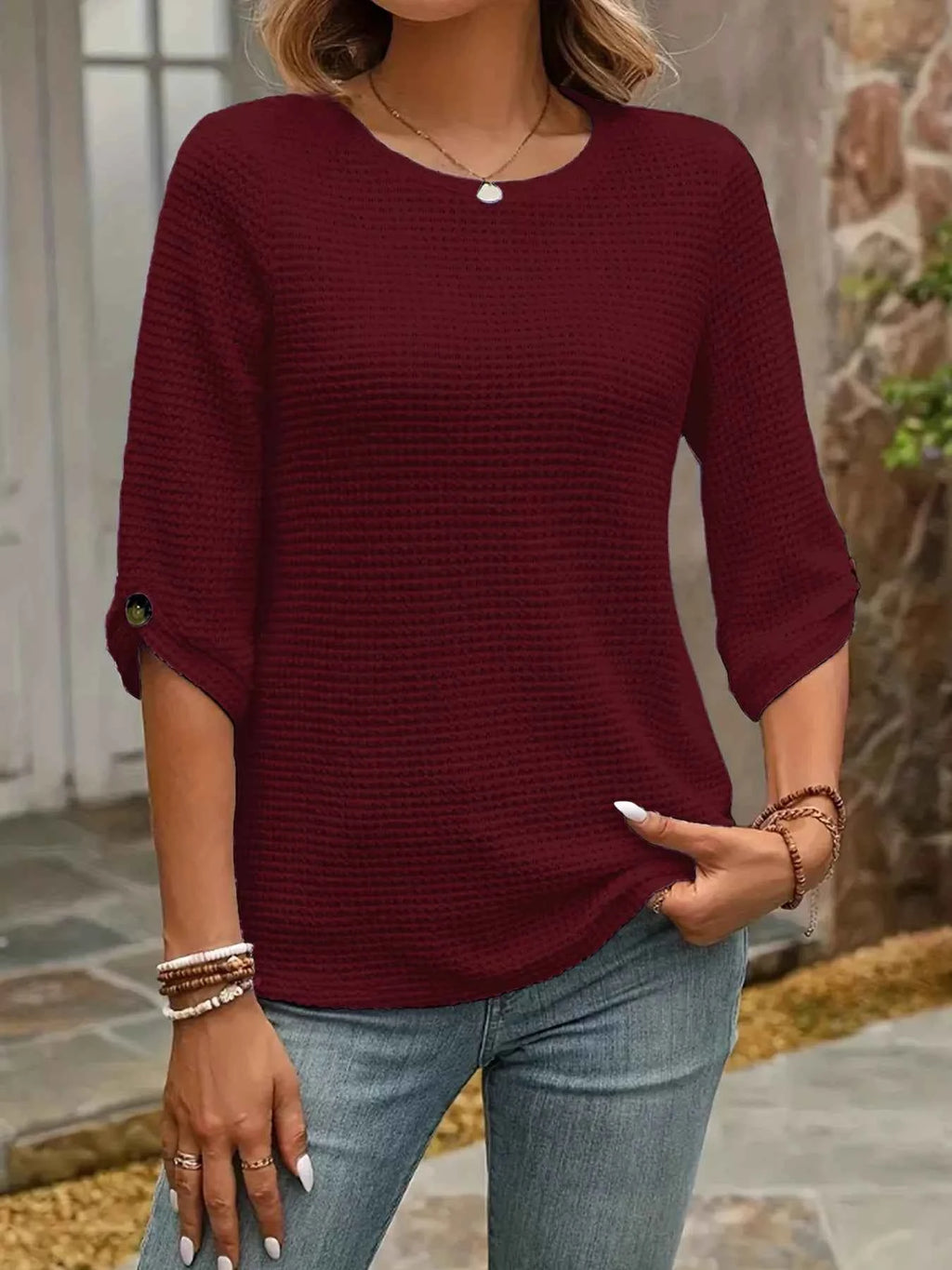Waffle Knit Round Neck Top for Effortless Comfort - Nico`s Store
