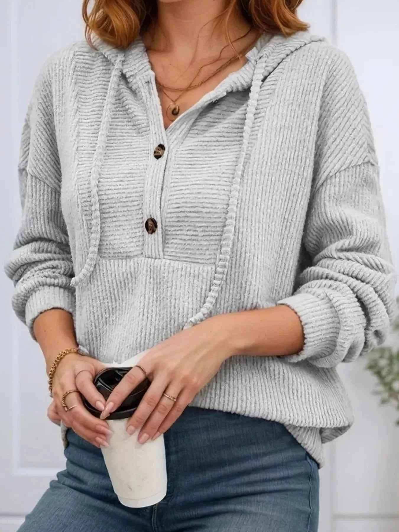 Button-Front Drawstring Hoodie