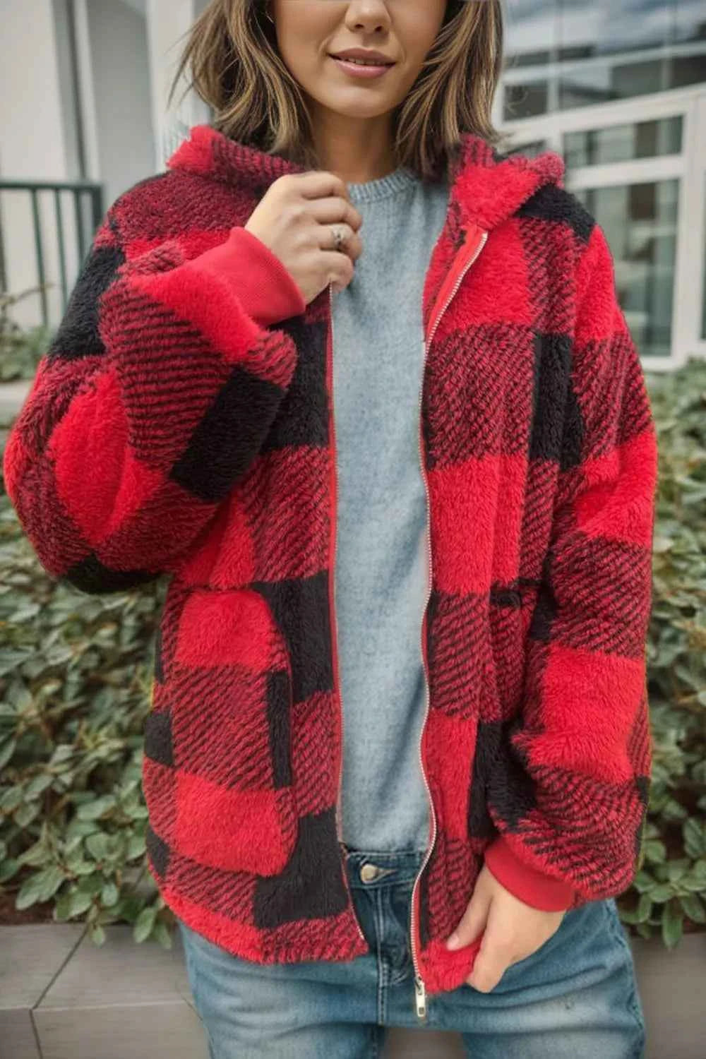 Double Take Full Size Plaid Hooded Coat - Nico`s Store