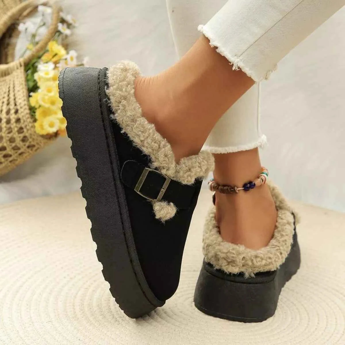 Round Toe Platform Slip-Ons with Fleece Lining