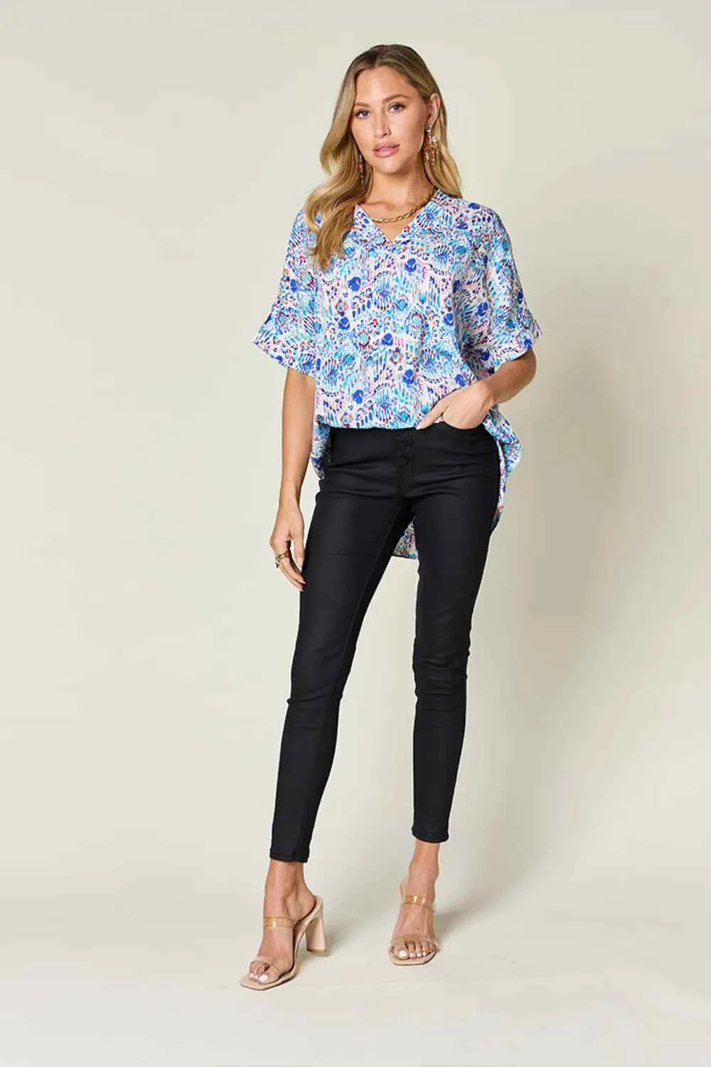 Double Take V-Neck Printed Blouse - Full Size Short Sleeve Fashion Top