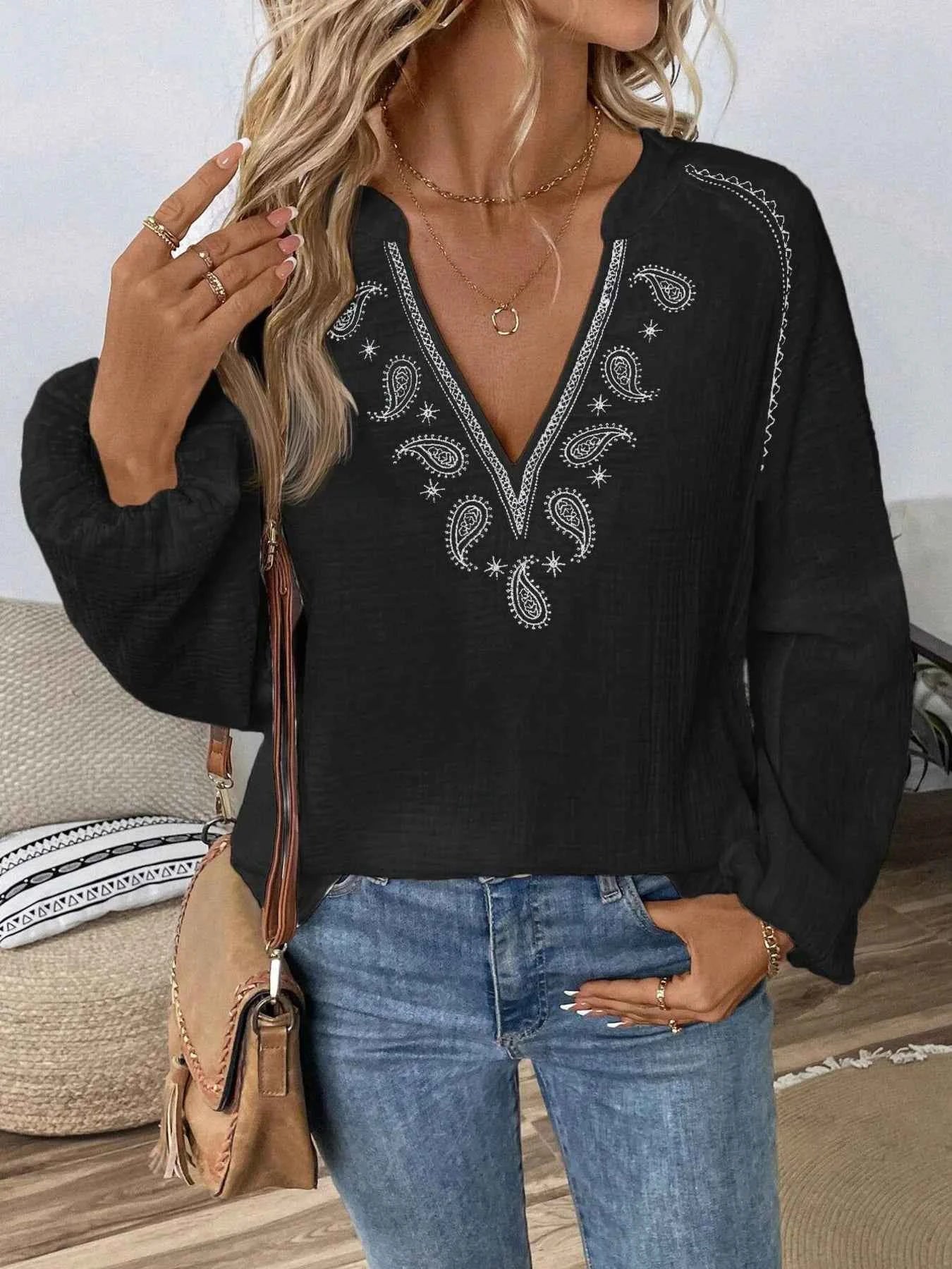 Paisley Pattern Blouse with Notched Long Sleeves for Effortless Style - Nico`s Store