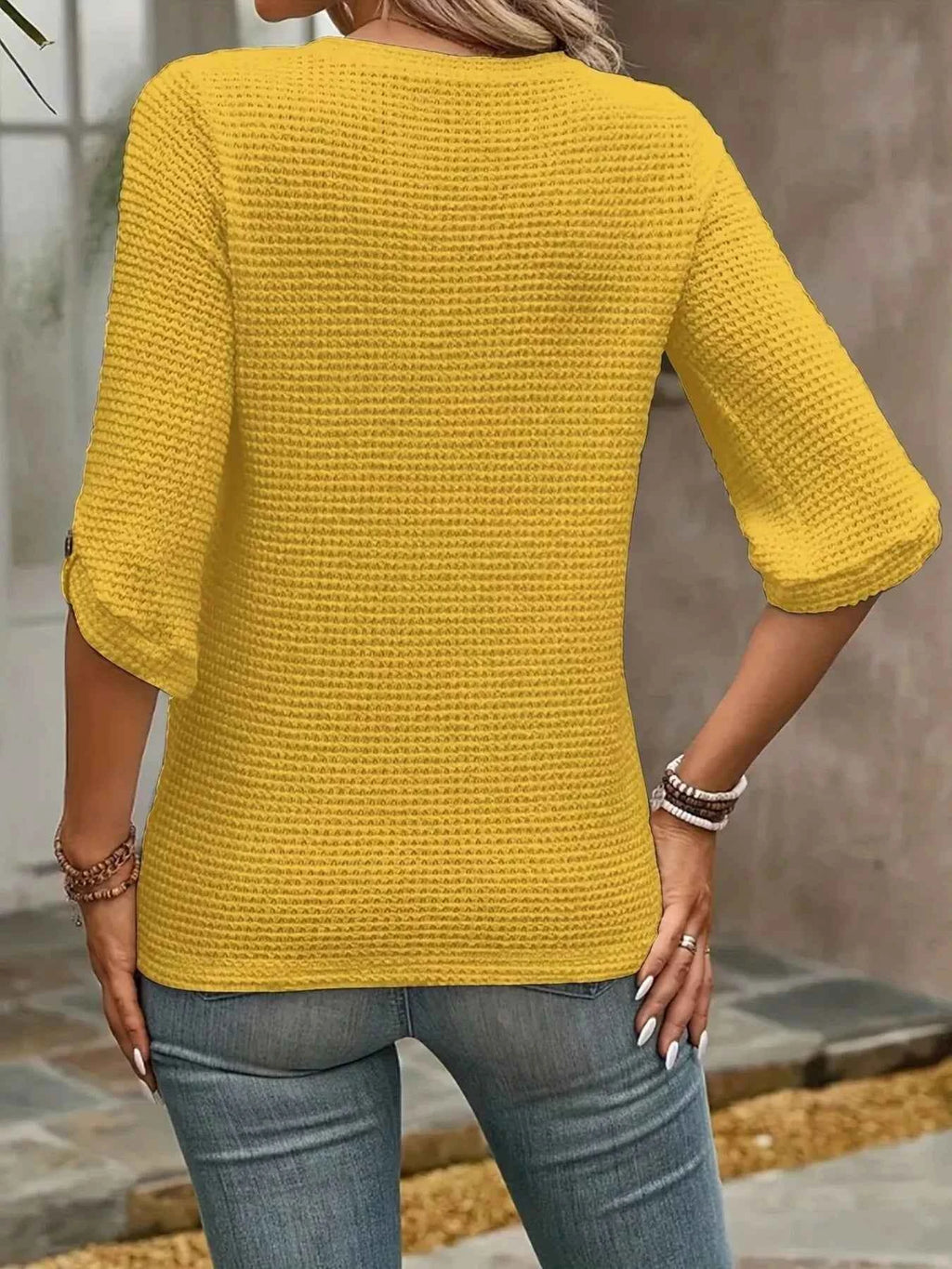 Waffle Knit Round Neck Top for Effortless Comfort - Nico`s Store