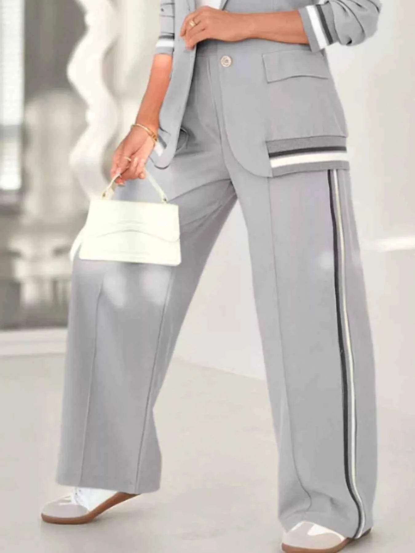 Full Size Striped Trim Jacket and Pants -Modern Edge Jacket - Nico`s Store