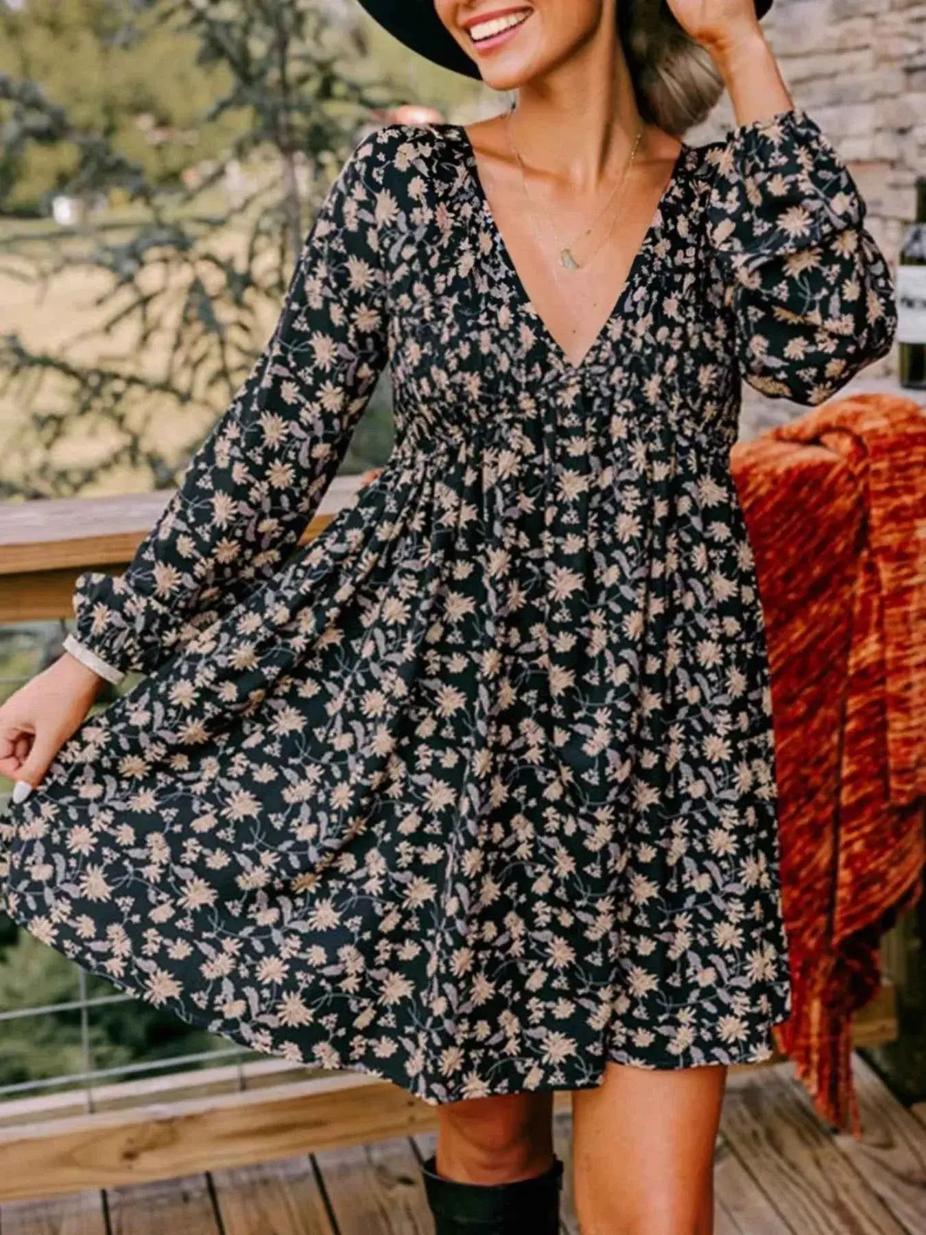 V Neck Babydoll Dress with Smocked Bust and Bubble Sleeves - Nico`s Store