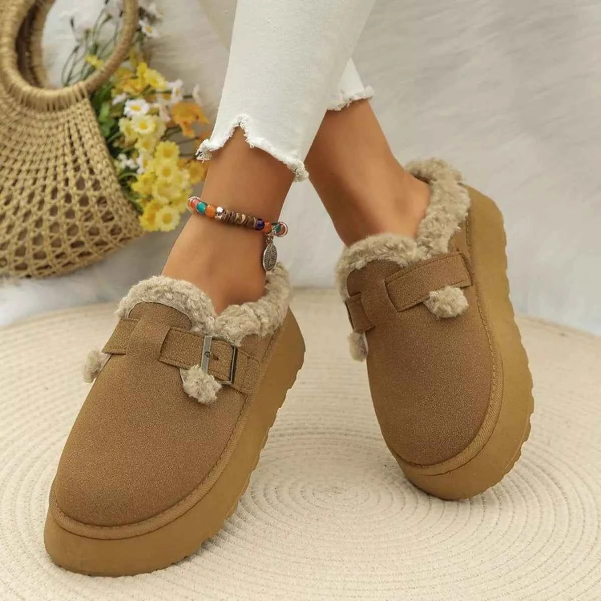 Round Toe Platform Slip-Ons with Fleece Lining
