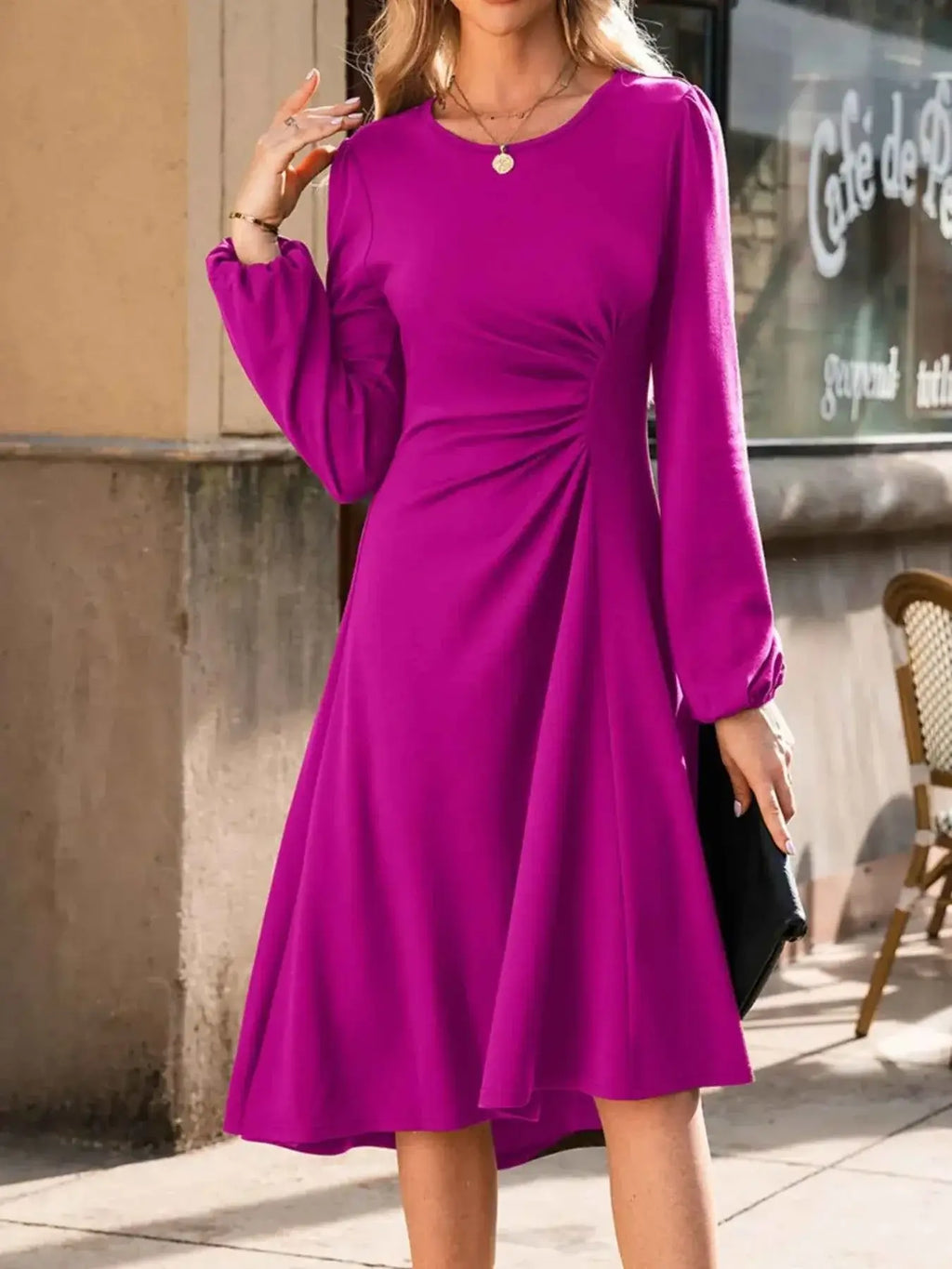 Solid Color Midi Dress with Ruched Detail and Long Sleeves for Effortless Style - Nico`s Store