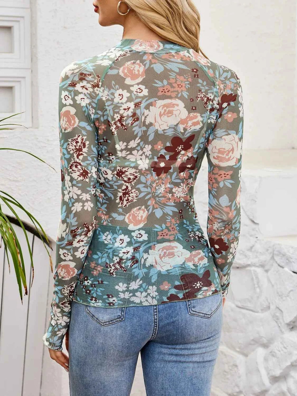 Floral Mock Neck Top - Long Sleeve Style - Nico`s Store