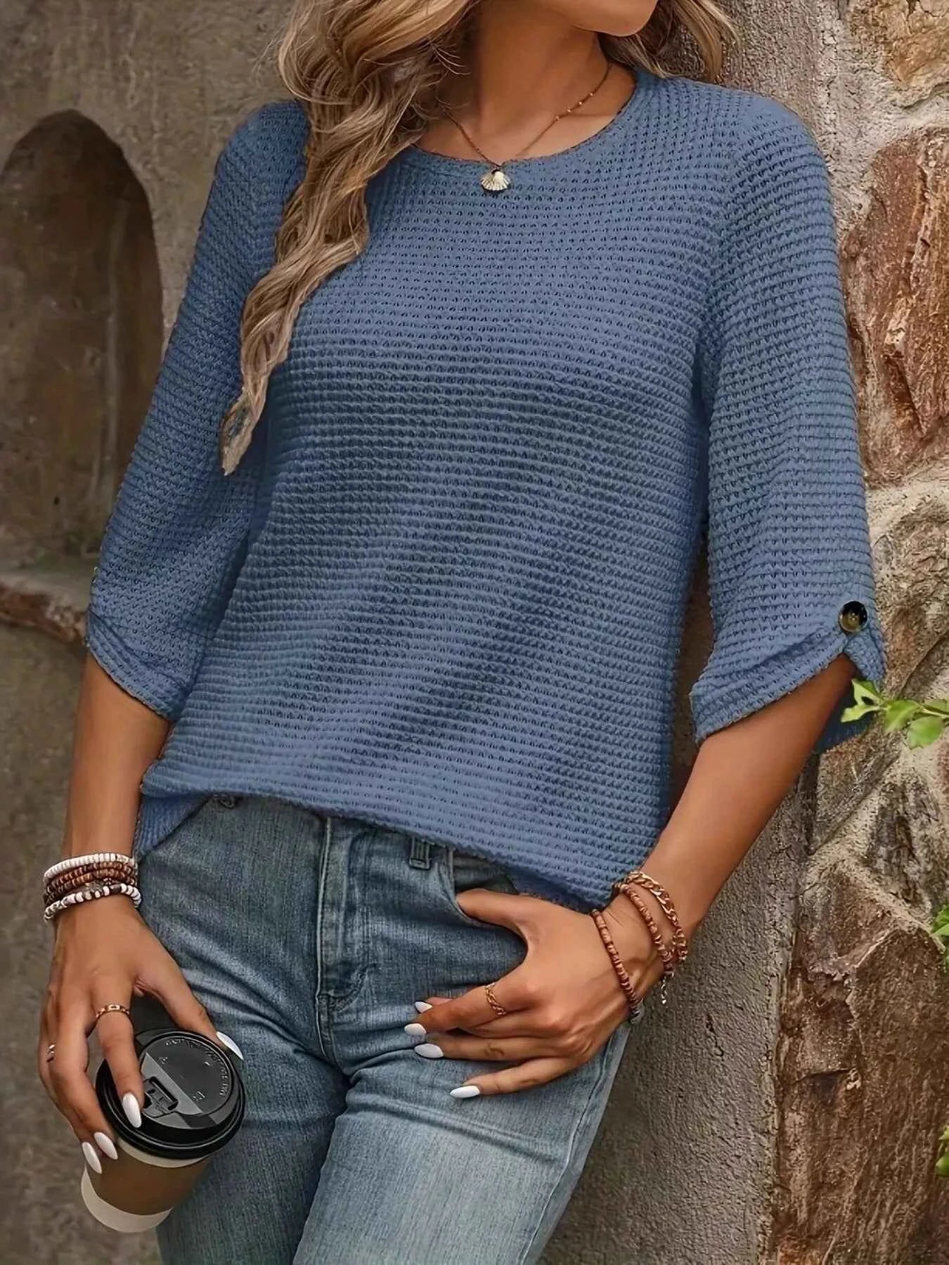 Waffle Knit Round Neck Top for Effortless Comfort - Nico`s Store