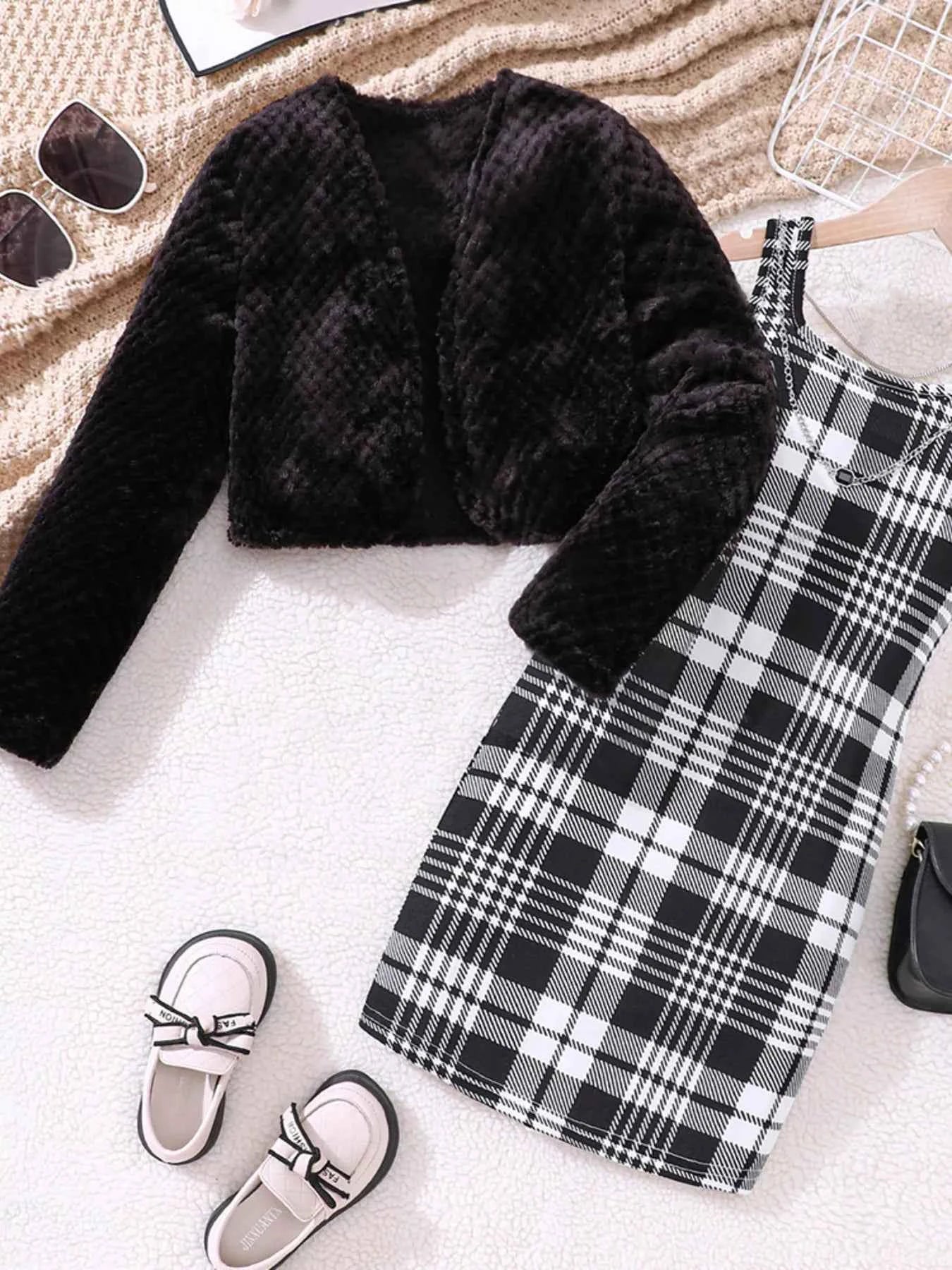 Children's Fuzzy Cardigan Dress Set with Plaid Dress - Nico`s Store