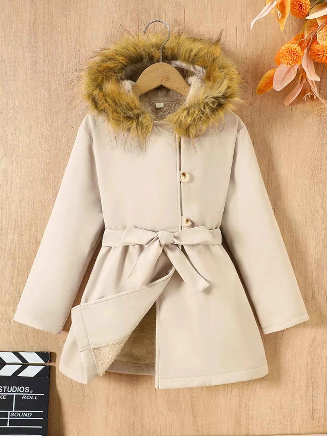 Children's Faux Fur Outerwear with Hood and Tie Waist for Stylish Comfort - Nico`s Store