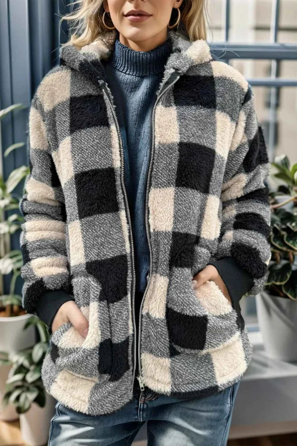 Double Take Full Size Plaid Hooded Coat - Nico`s Store