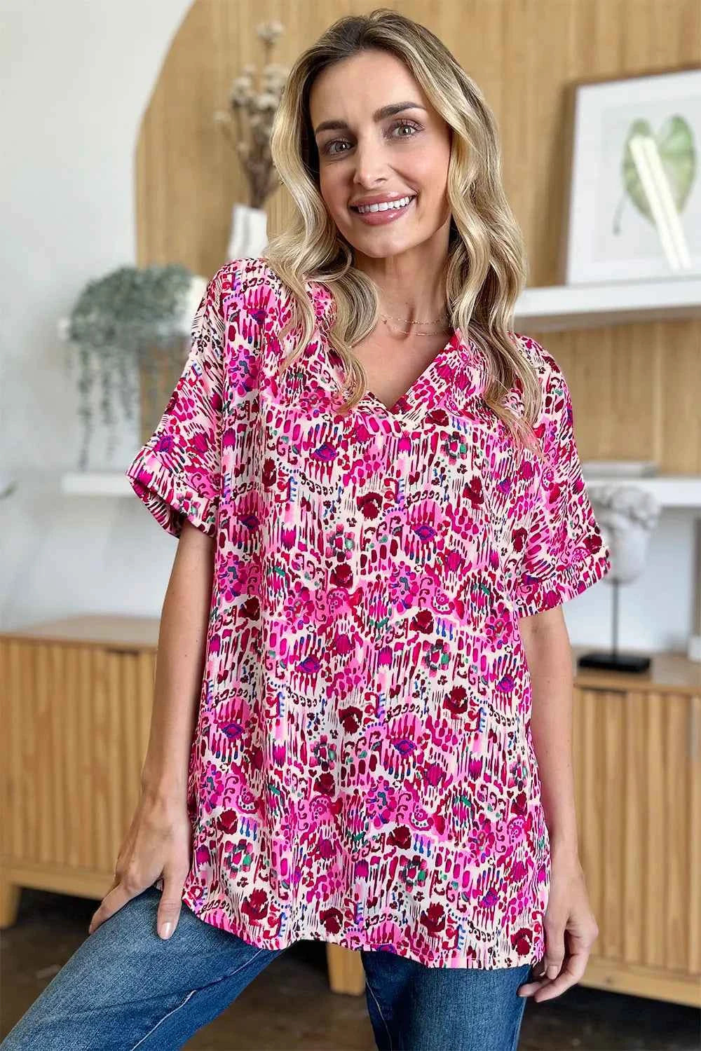 Double Take V-Neck Printed Blouse - Full Size Short Sleeve Fashion Top
