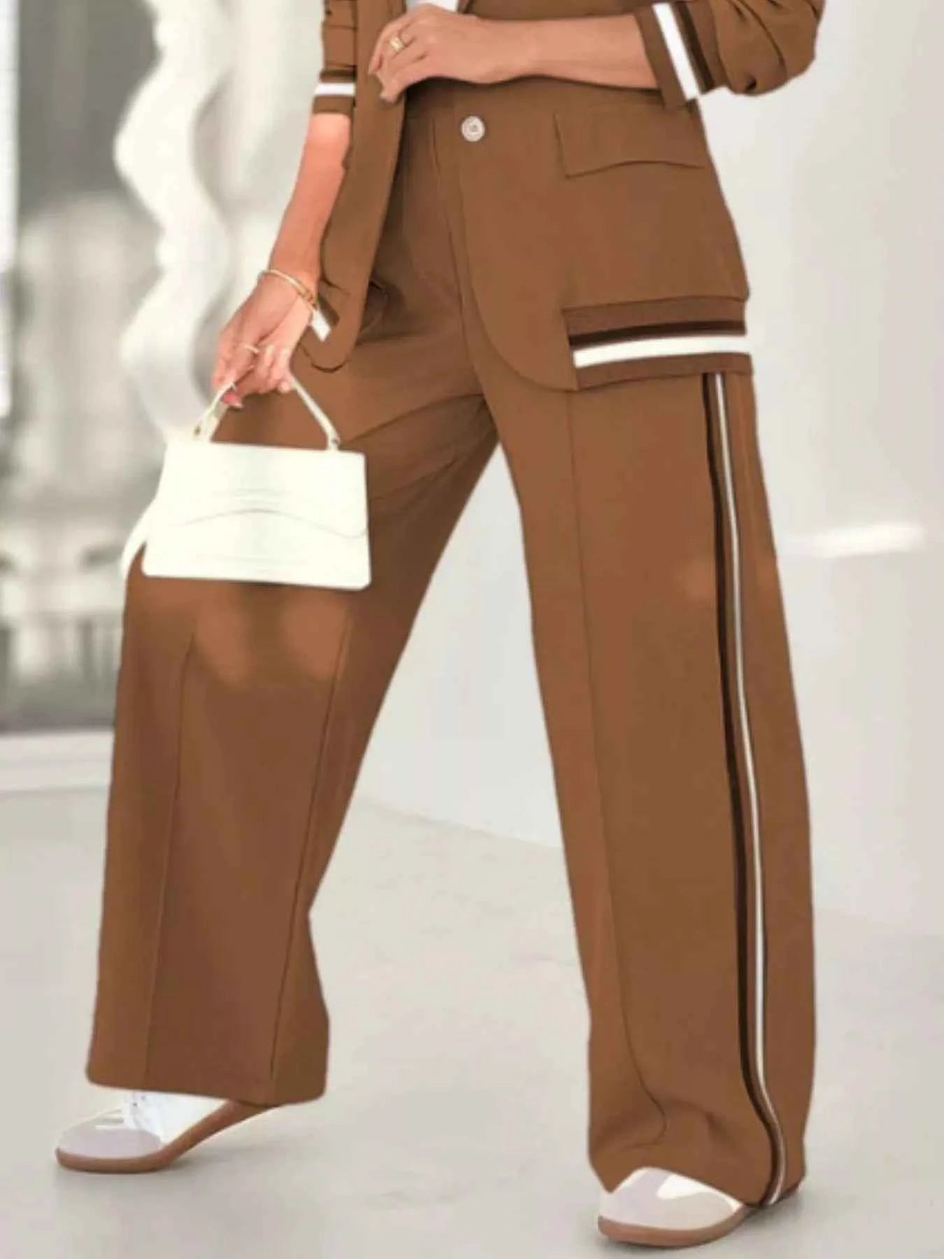 Full Size Striped Trim Jacket and Pants -Modern Edge Jacket - Nico`s Store