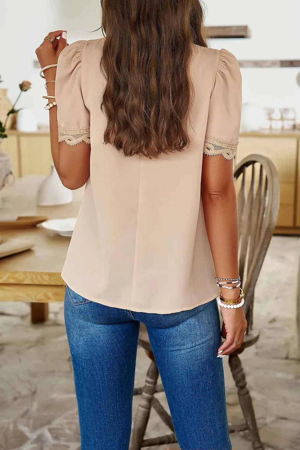 Devine Ruched Blouse with Mock Neck and Short Sleeves - Nico`s Store