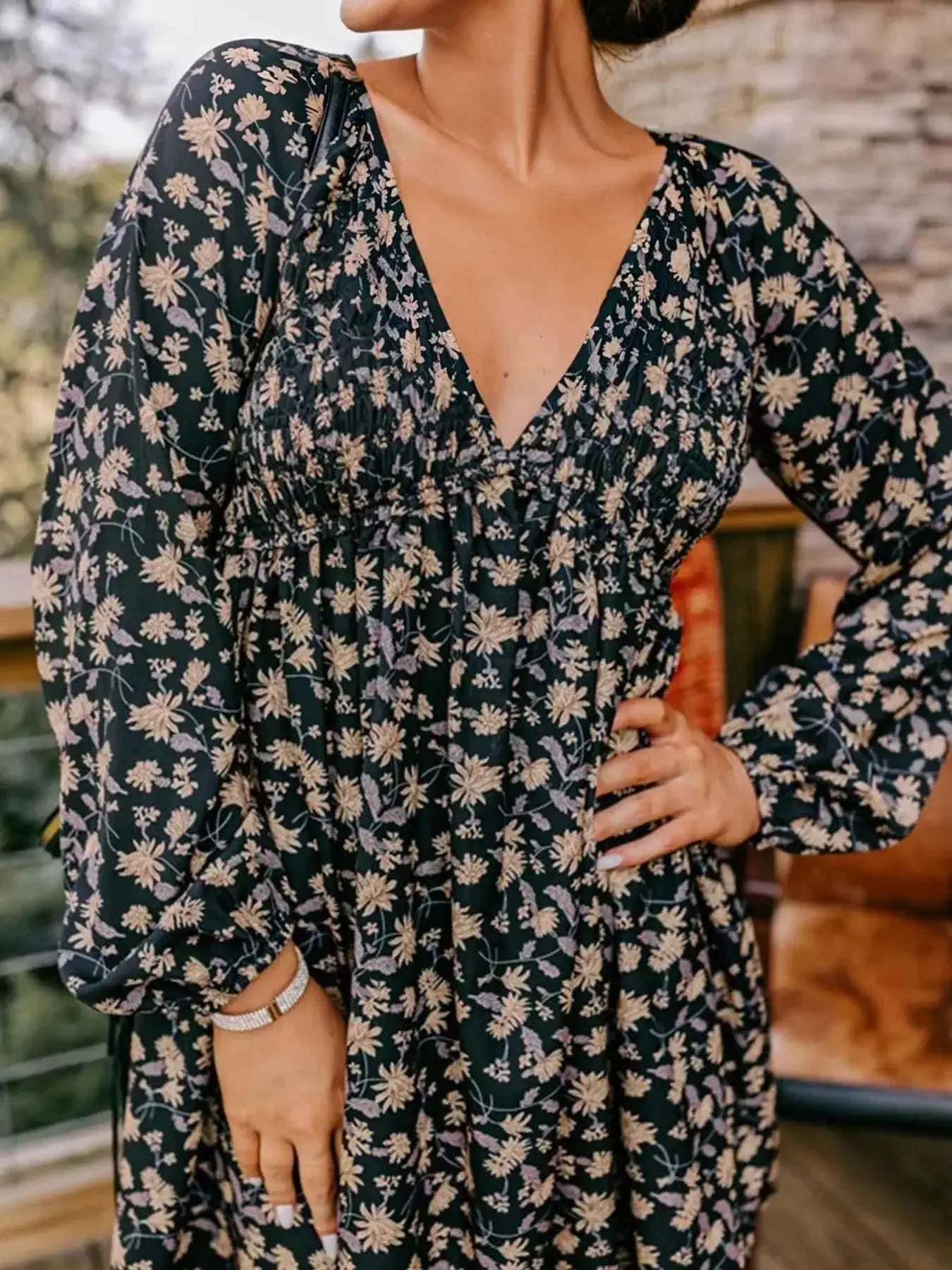 V Neck Babydoll Dress with Smocked Bust and Bubble Sleeves - Nico`s Store