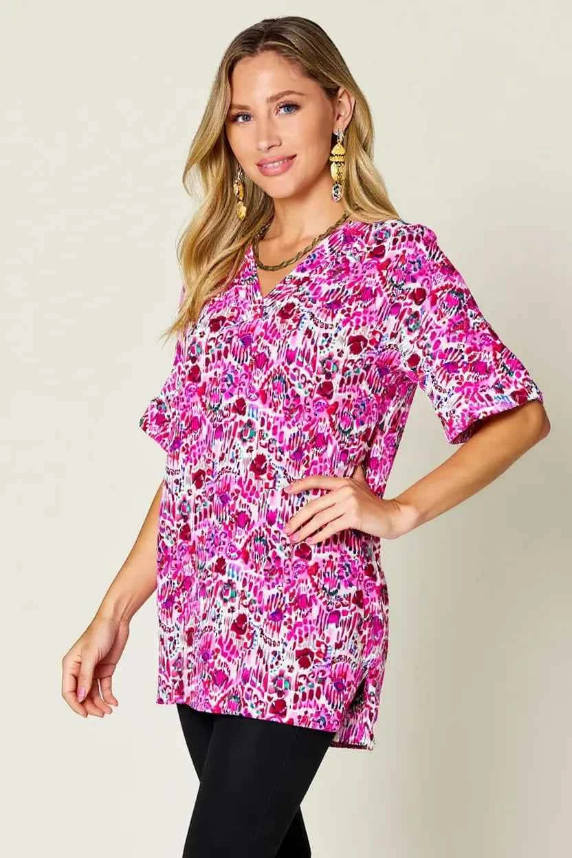 Double Take V-Neck Printed Blouse - Full Size Short Sleeve Fashion Top