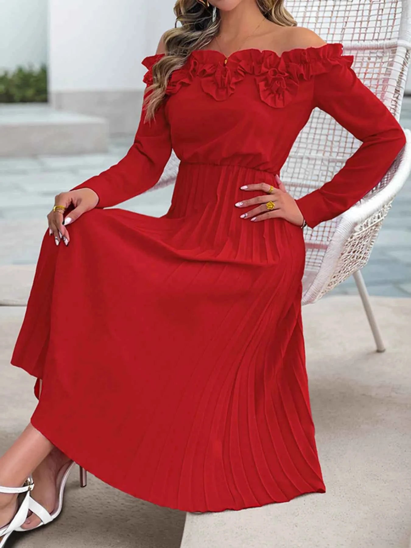 Off-Shoulder Pleated Midi Dress with Ruffle Detail