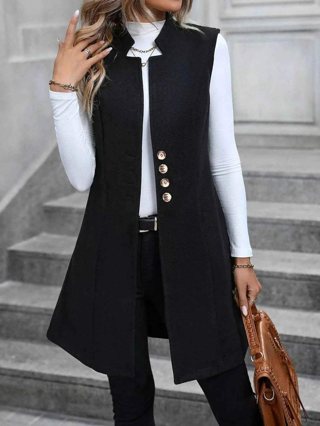 Button Up Sleeveless Longline Vest Coat - Nico`s Store