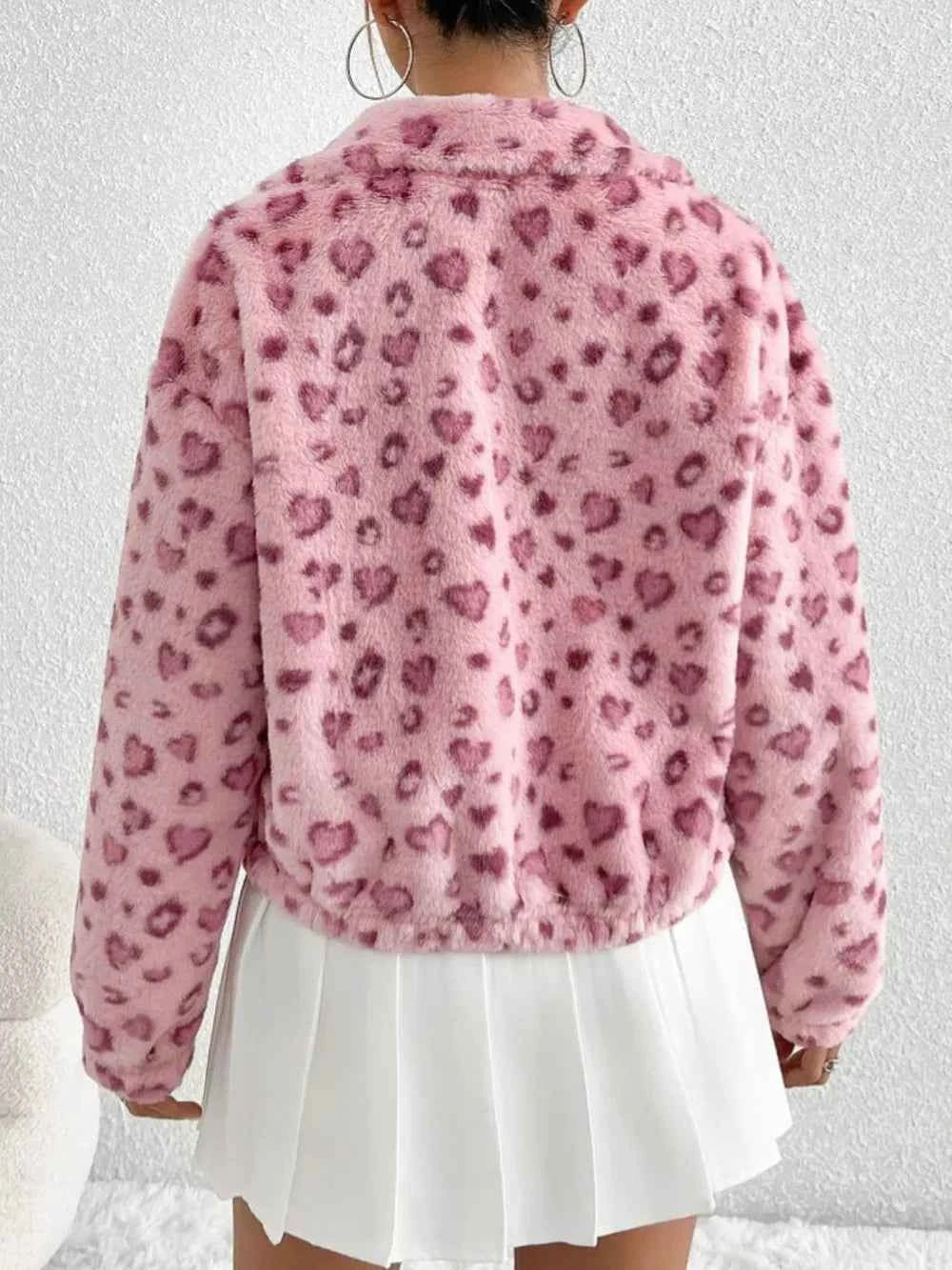 Leopard Furry Jacket with Zip Up Long Sleeves - Nico`s Store