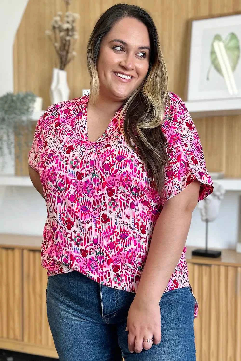 Double Take V-Neck Printed Blouse - Full Size Short Sleeve Fashion Top