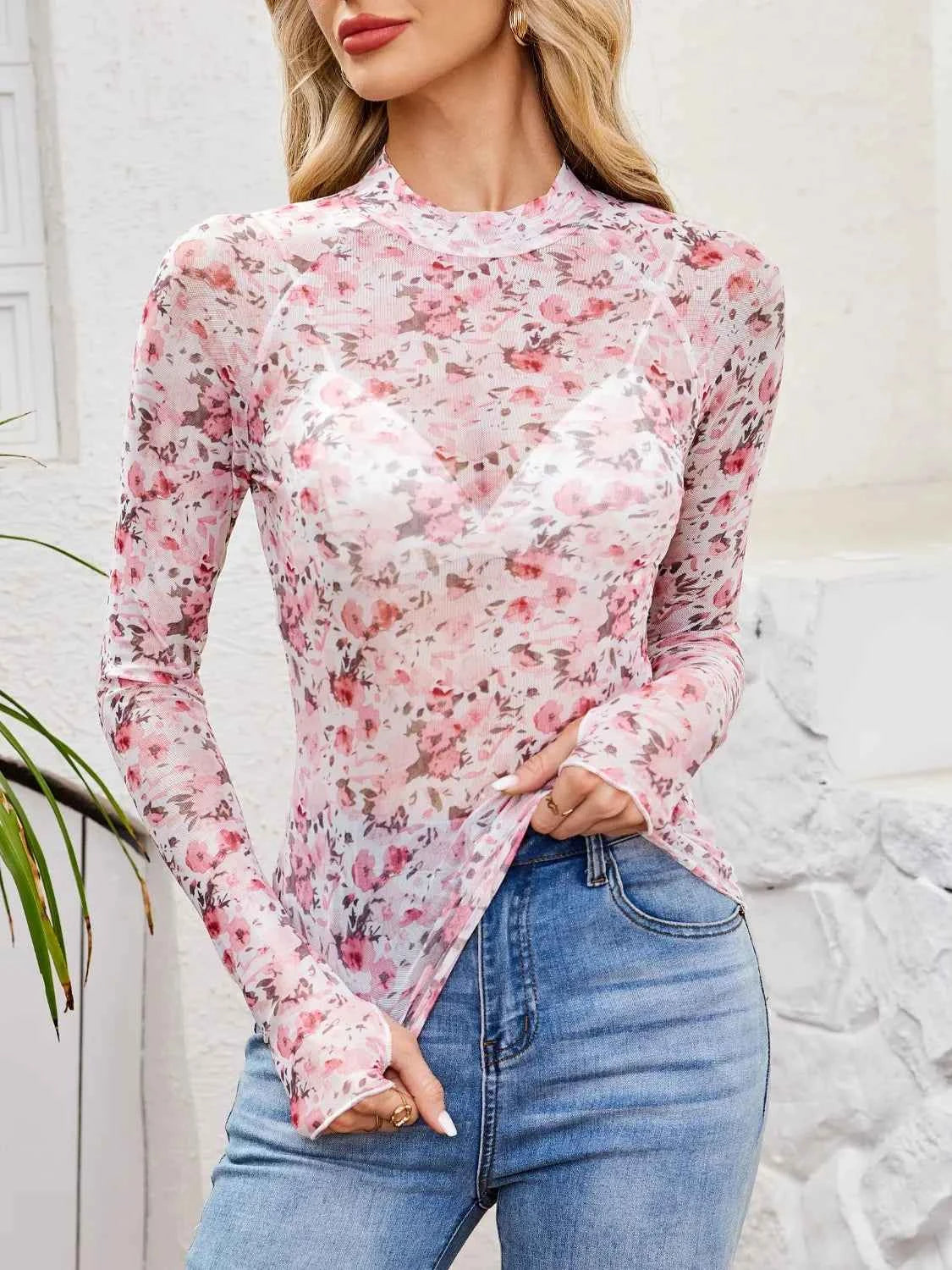 Floral Mock Neck Top - Long Sleeve Style - Nico`s Store