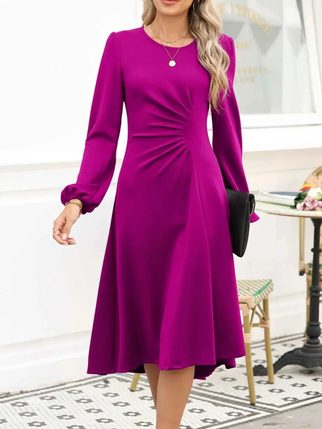 Solid Color Midi Dress with Ruched Detail and Long Sleeves for Effortless Style - Nico`s Store