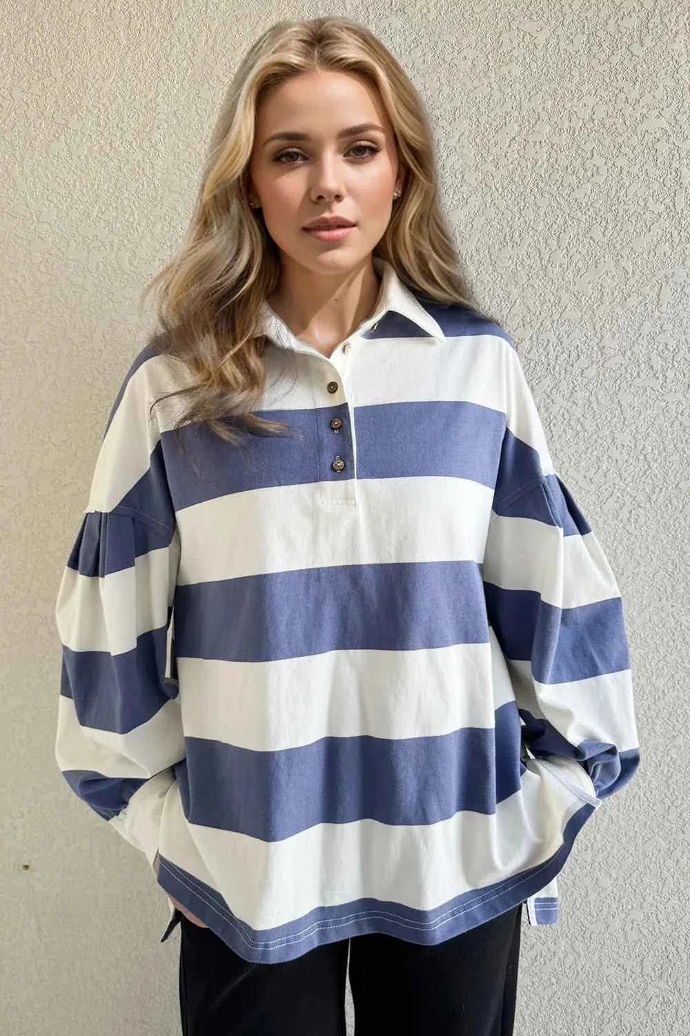 Cotton Striped Long Sleeve Top with Collared Neck - Nico`s Store