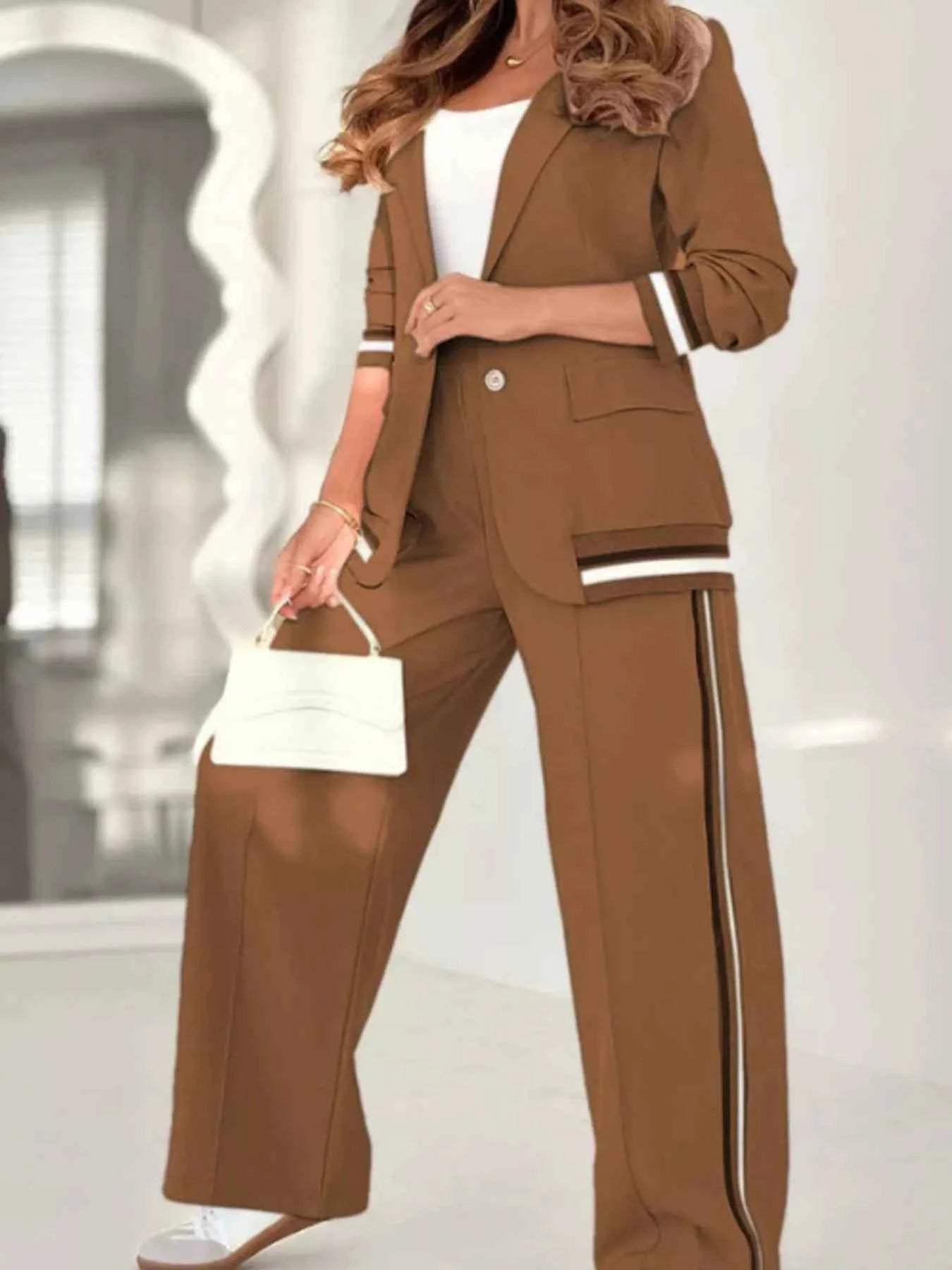 Full Size Striped Trim Jacket and Pants -Modern Edge Jacket - Nico`s Store