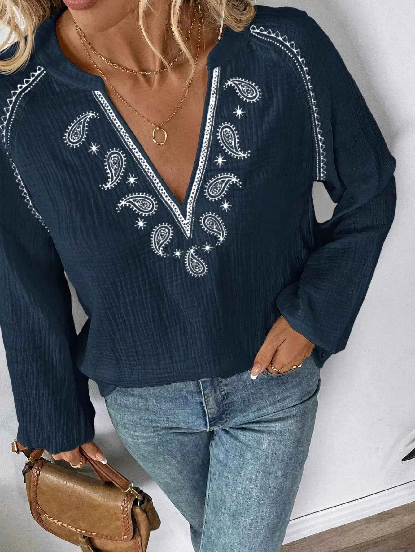 Paisley Balloon Sleeve Blouse with Notched Design