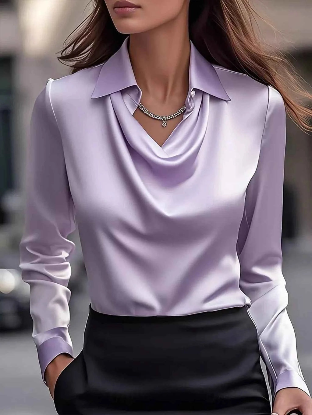 Ruched Long Sleeve Blouse with Drape Collar - Nico`s Store