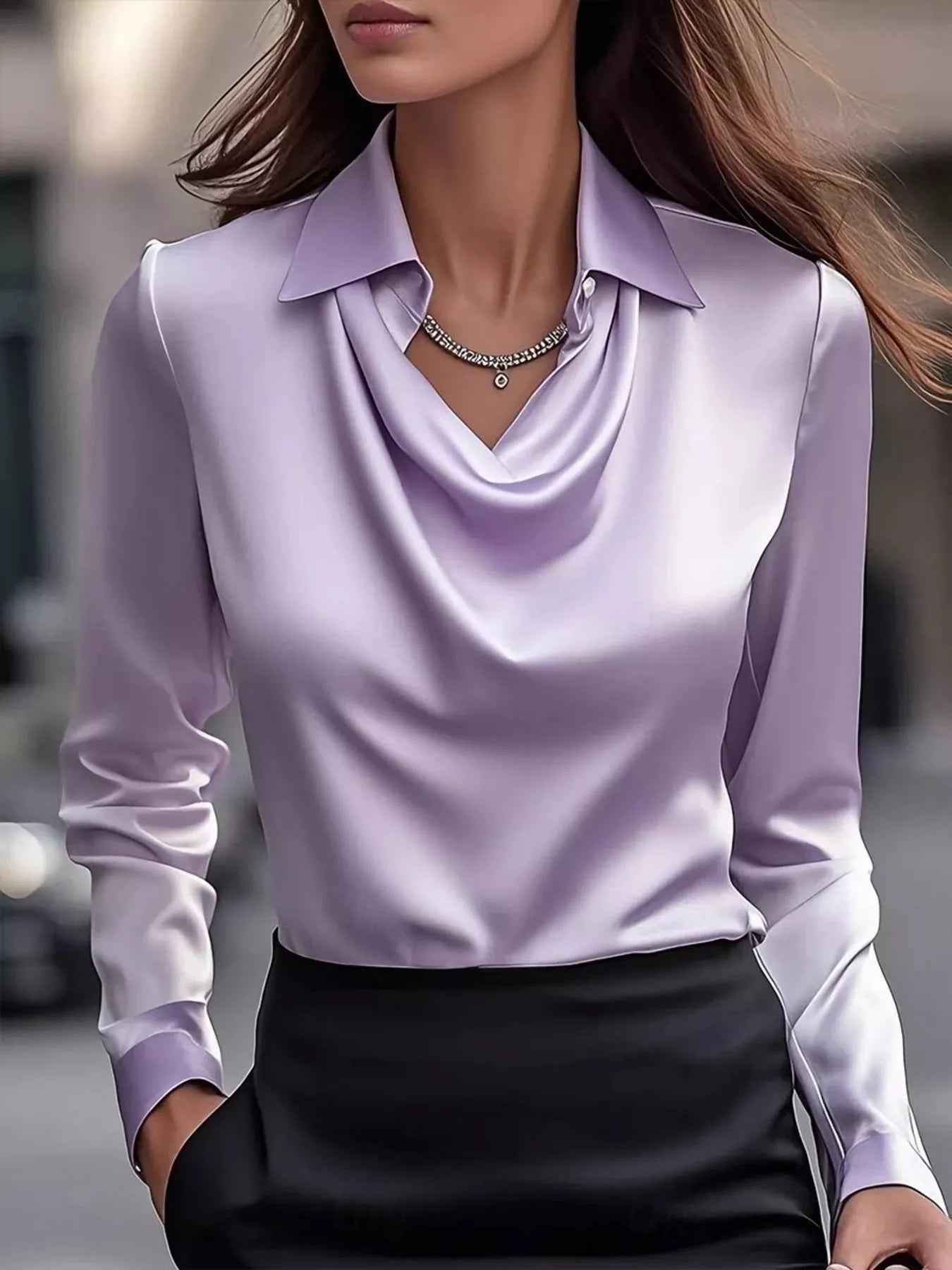 Ruched Long Sleeve Blouse with Drape Collar - Nico`s Store