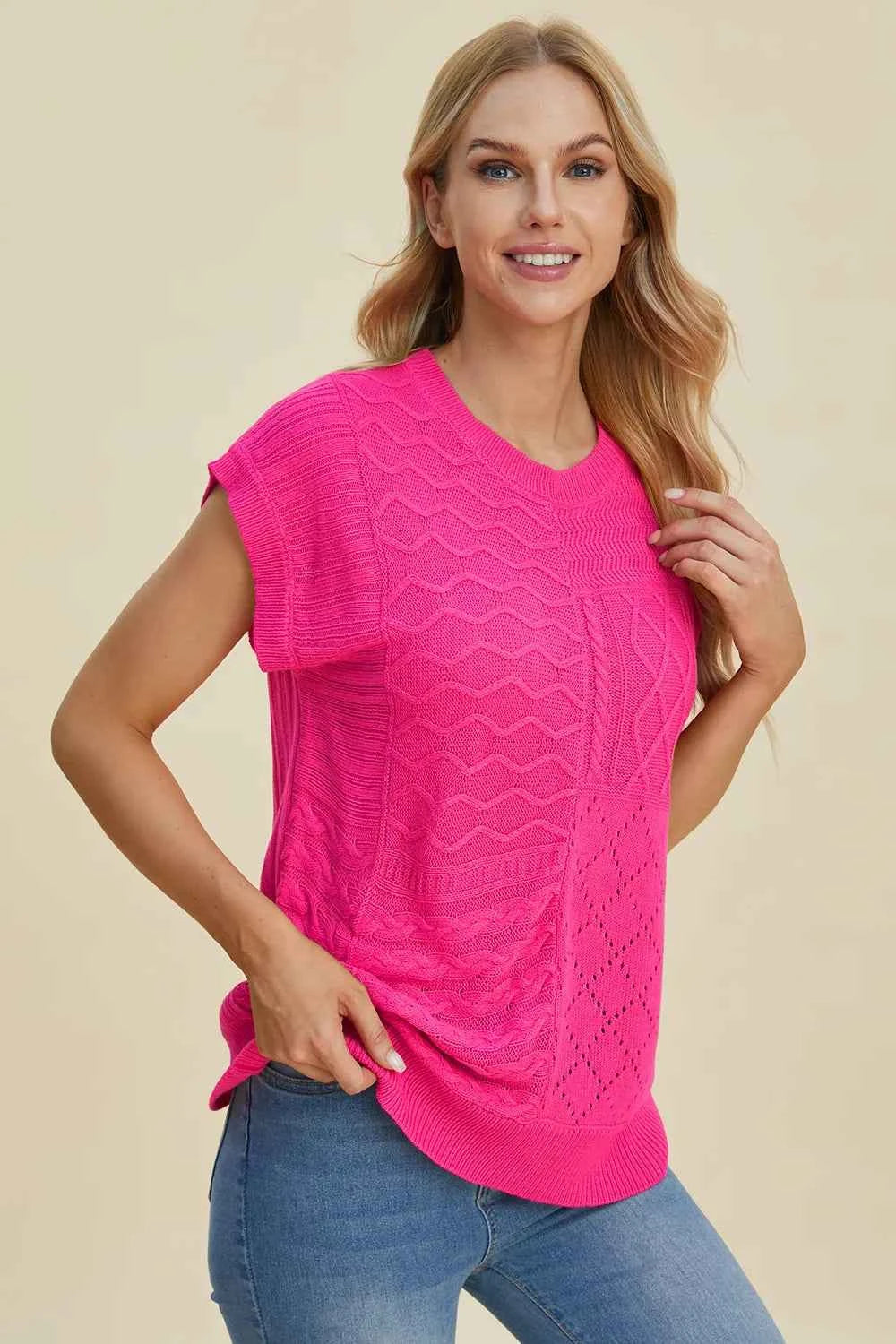 Cable-Knit Cap Sleeve Sweater full size - Nico`s Store