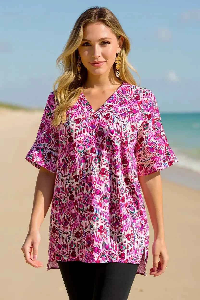 Double Take V-Neck Printed Blouse - Full Size Short Sleeve Fashion Top