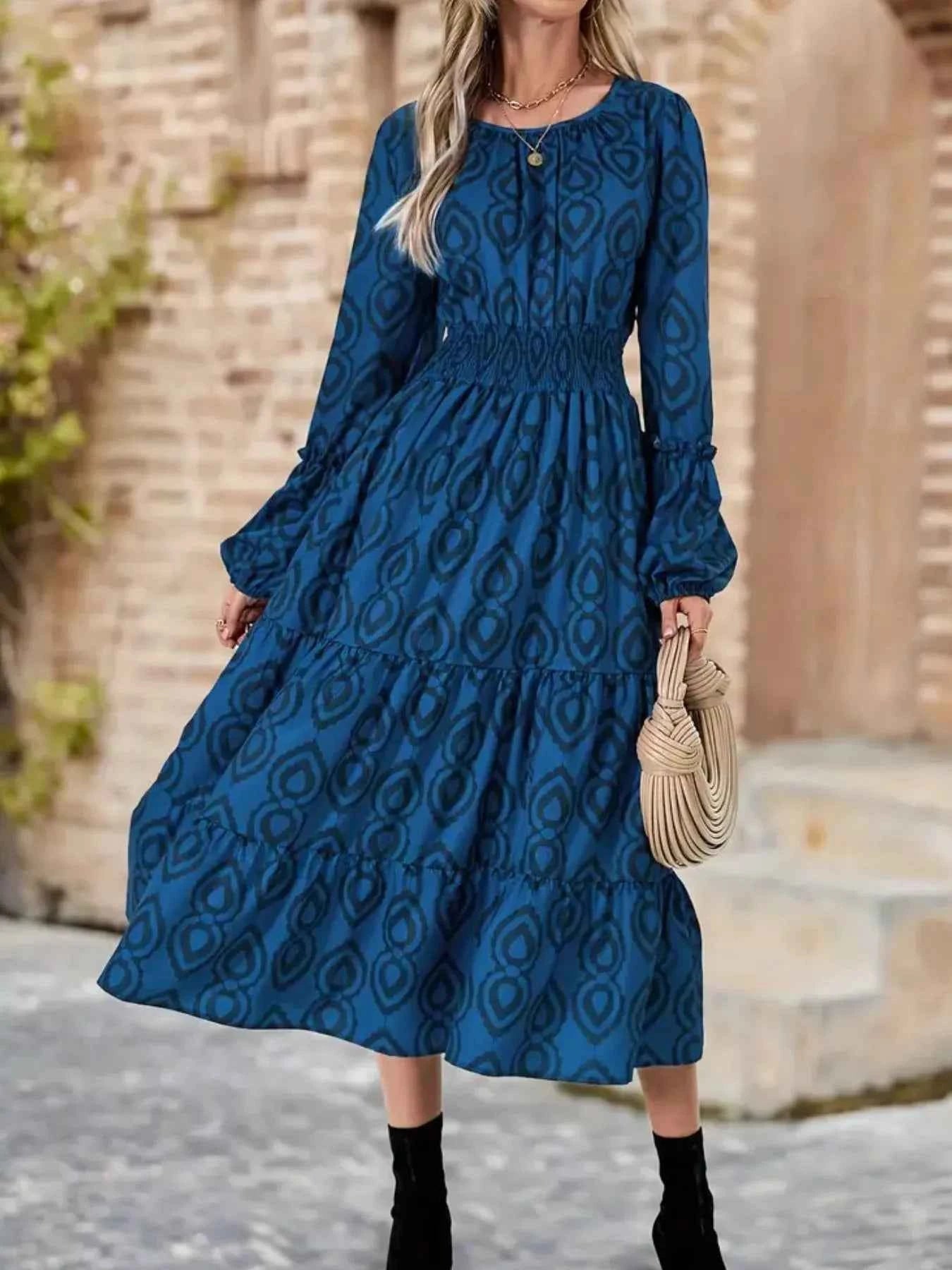 Smocked Balloon Sleeve Midi Dress with Round Neck Design