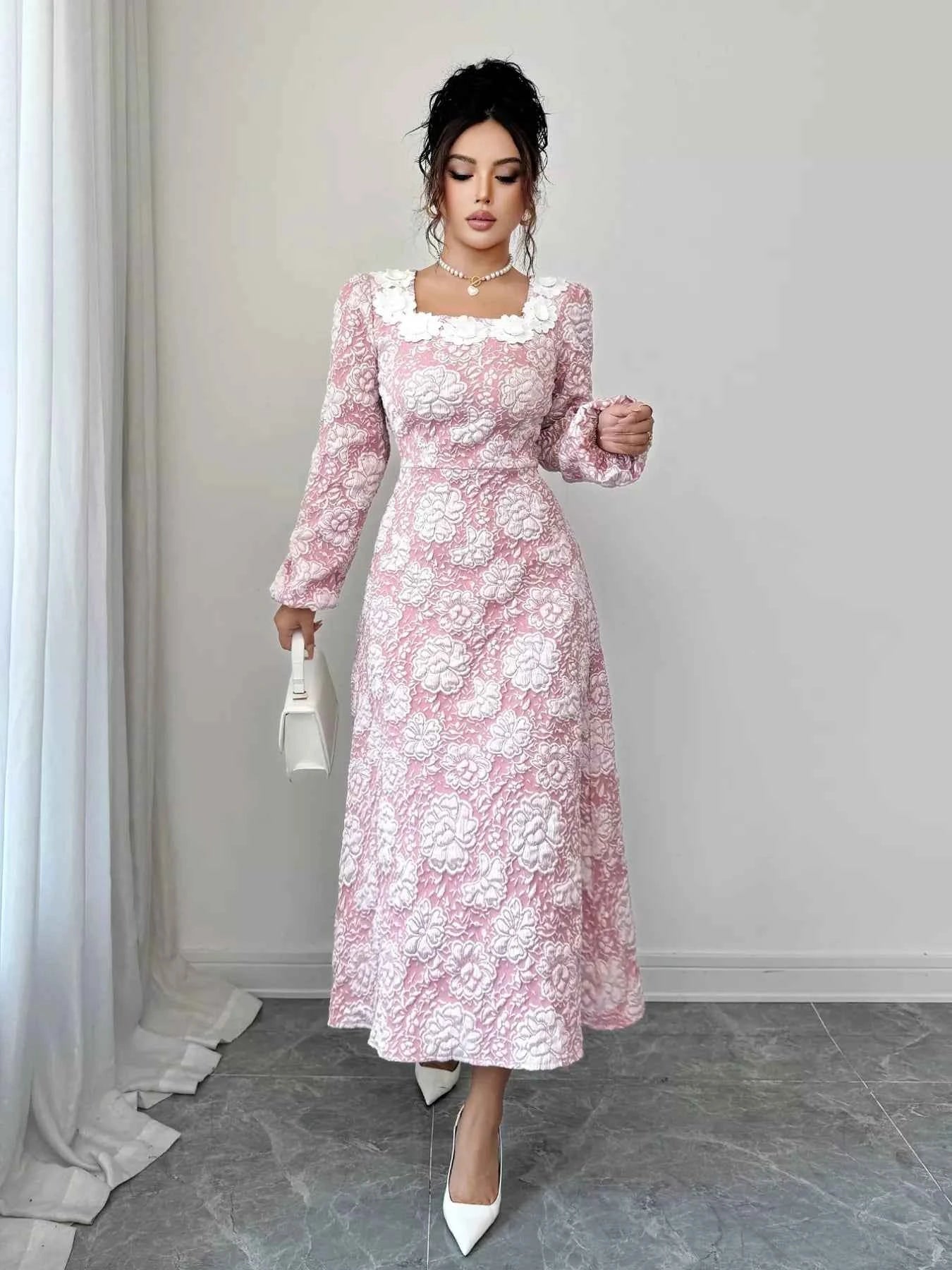 Floral Midi Dress with Textured Square Neck Design