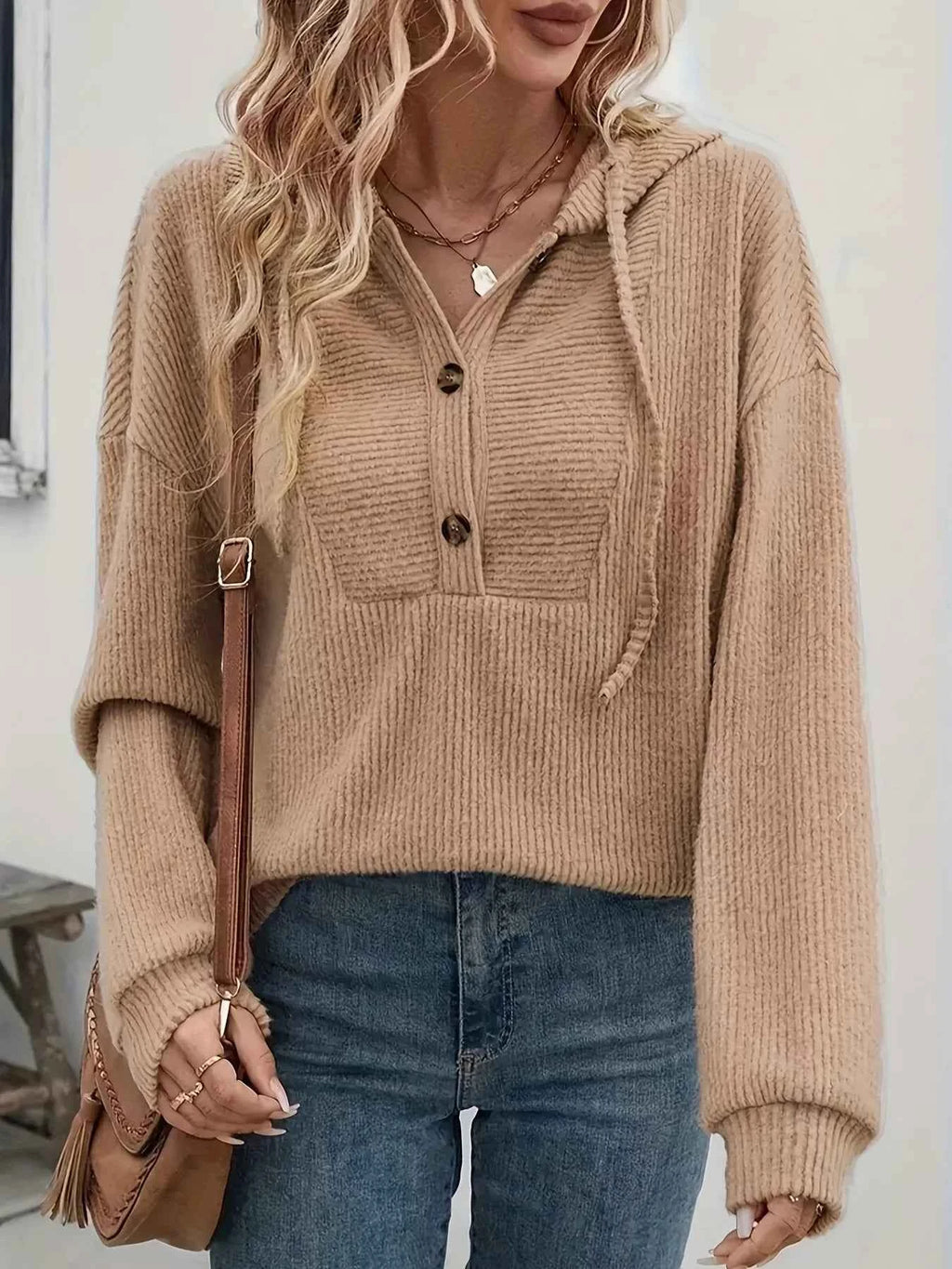 Button-Front Drawstring Hoodie