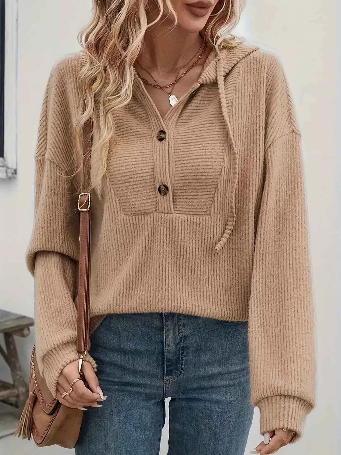 Button-Front Drawstring Hoodie