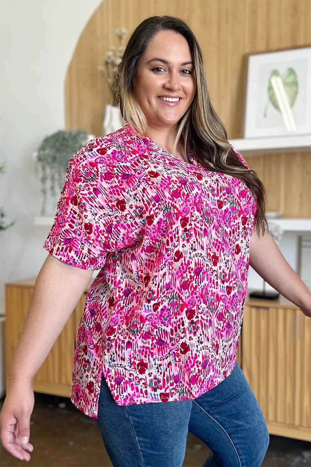 Double Take V-Neck Printed Blouse - Full Size Short Sleeve Fashion Top